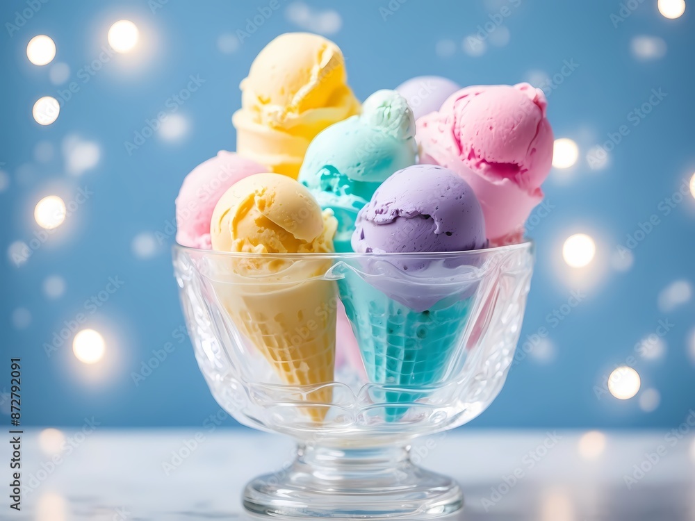 Colorful Ice Cream Cones In Glass Bowl On Blue Background Colorful Ice Cream Cones In Glass Bowl On Blue Background