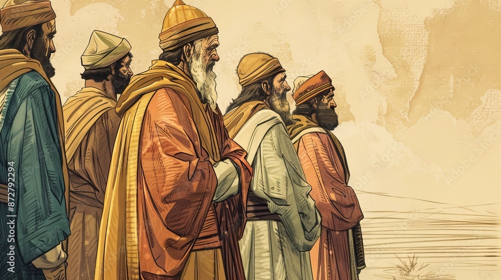 Fototapeta premium 1 Chronicles,Historical Records from Adam to Abraham,Biblical Illustration of Historical Records from Adam to Abraham, with Significant Moments of Patriarchs, Beige Background, Copyspace