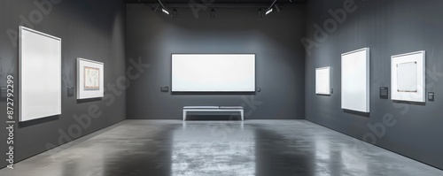 Dark grey walled museum interior with white blank frames and an empty bench, perfectly lit.