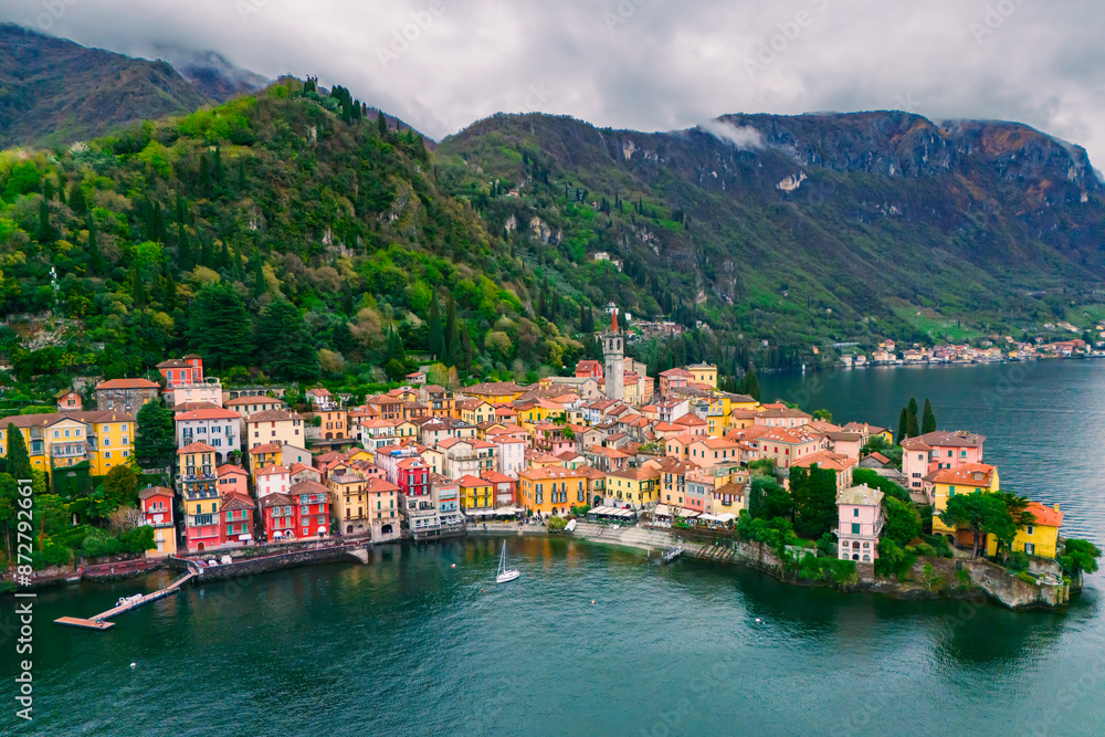 Italian small town Varenna on lake Como, Italy with overcast day in winter time Italian small town Varenna on lake Como, Italy with overcast day in winter time