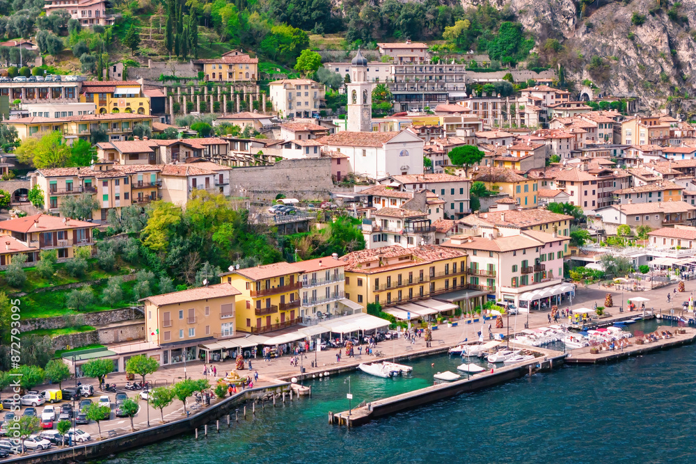 Historic Italian town of Limone Sul Garda on shore Lake Garda in Italy. Aerial view Historic Italian town of Limone Sul Garda on shore Lake Garda in Italy. Aerial view
