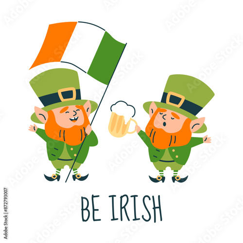 Vector illustration of joyful leprechauns in a hat, holding the flag of Ireland and beer