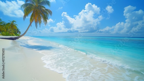 Fototapeta Naklejka Na Ścianę i Meble -  Serene tropical escape  white sand beach, palm trees, turquoise sea, and blue sky in maldives