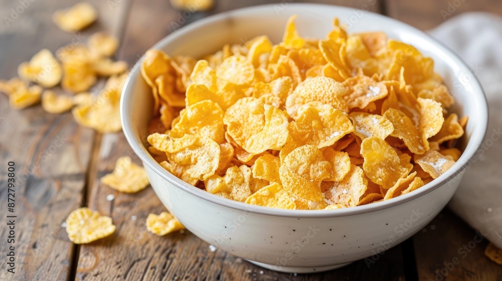 Corn flakes in a white bowl on wood surface Corn flakes in a white bowl on wood surface