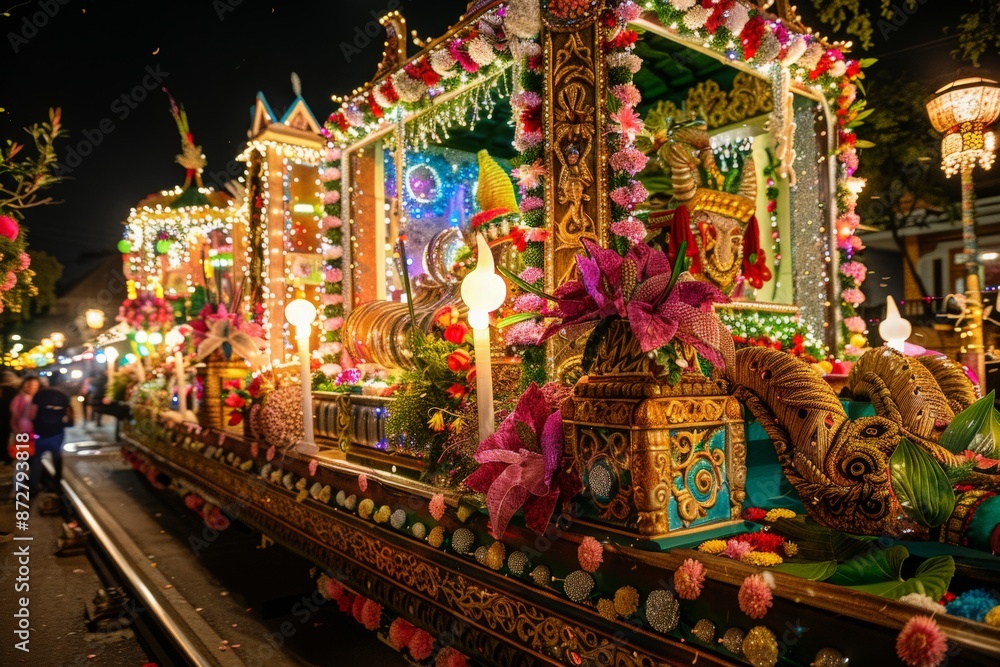 Obraz premium Beautifully decorated cultural festival float adorned with flowers, lights, and intricate designs, symbolizing the artistic and celebratory beauty of cultural traditions 