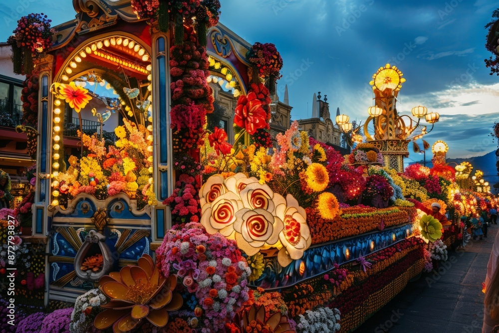 Obraz premium Beautifully decorated cultural festival float adorned with flowers, lights, and intricate designs, symbolizing the artistic and celebratory beauty of cultural traditions 