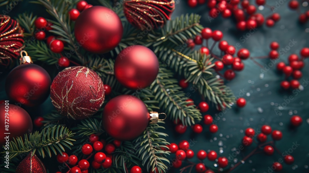 Christmas theme with red ornaments and garland Christmas theme with red ornaments and garland
