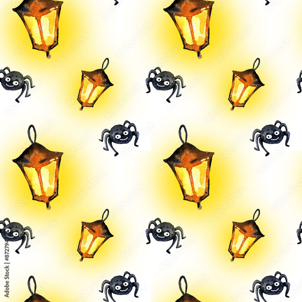 watercolor seamless pattern of Halloween theme with old flashlight, cute funny spider, hand drawn cartoon illustration of October event on white background, for postcard, greeting card watercolor seamless pattern of Halloween theme with old flashlight, cute funny spider, hand drawn cartoon illustration of October event on white background, for postcard, greeting card