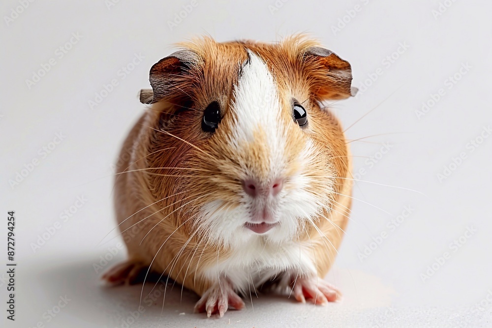A charming guinea pig sits against a crisp white background, captured in a pet photography setting that highlights its adorable features and playful personality. A charming guinea pig sits against a crisp white background, captured in a pet photography setting that highlights its adorable features and playful personality.