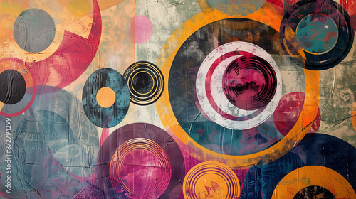 Abstract Geometric Artwork with Colorful Circles and Squares Creating a Vibrant Mosaic Pattern photo