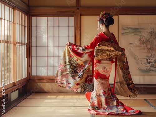Geisha performing a traditional dance in a tatami room, her graceful movements and elaborate costume showcasing the beauty and artistry of Japanese traditions 