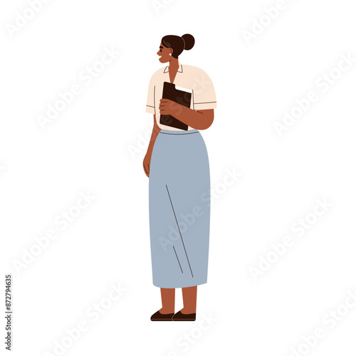 Business woman, office worker, professional female. Happy employee, businesswoman holds clipboard, standing. Clerk, corporate executive, manager. Flat vector illustration isolated on white background