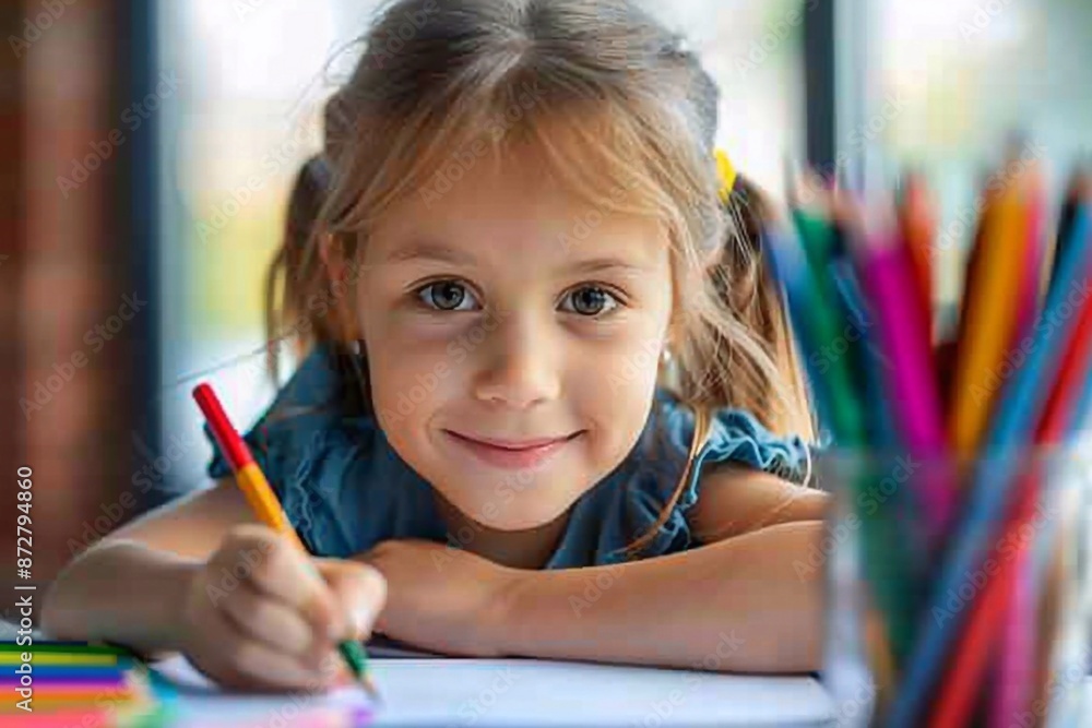 A cheerful child beams with joy while drawing with an array of colorful pencils at a sunlit table, capturing the essence of creativity and happiness in their artistic exploration. A cheerful child beams with joy while drawing with an array of colorful pencils at a sunlit table, capturing the essence of creativity and happiness in their artistic exploration.