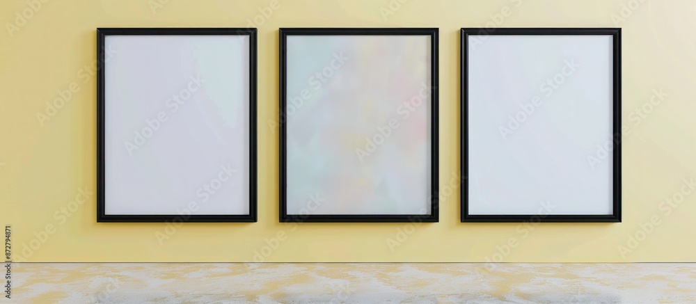 Fototapeta premium Avant-garde gallery mockup with three black frames on a pastel yellow wall background.
