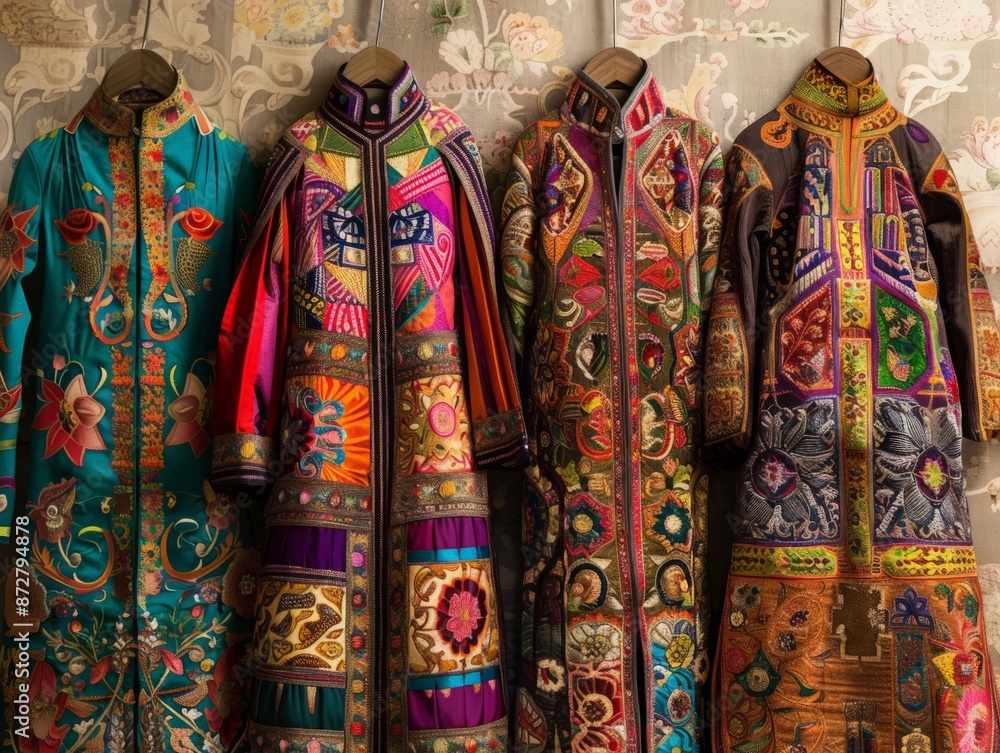 Intricately designed traditional clothing adorned with vibrant patterns and colors, highlighting the beauty and craftsmanship of cultural heritage and artistry Intricately designed traditional clothing adorned with vibrant patterns and colors, highlighting the beauty and craftsmanship of cultural heritage and artistry
