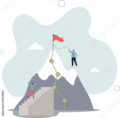 Easy and hard way to success, journey to achieve target or mission accomplish, choosing path to succeed, way to reach business goal concept.flat design.illustration with people.