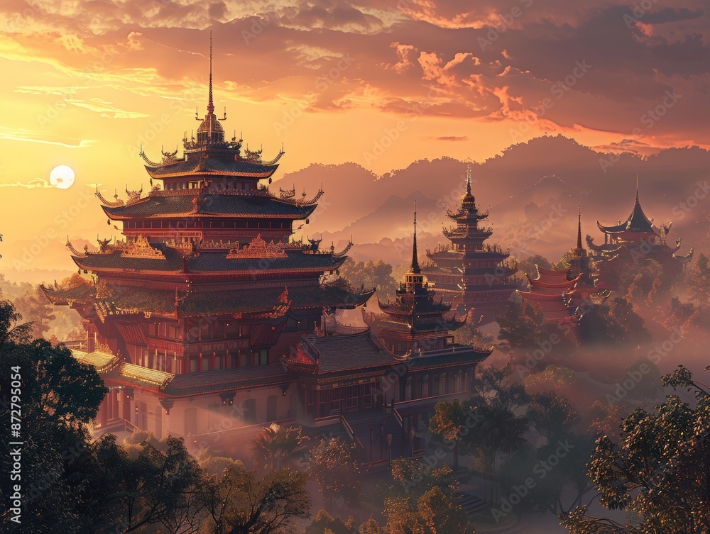 Fototapeta premium Majestic temple complex with tiered roofs and intricate details, set against a sunset sky, capturing the architectural and spiritual grandeur of Buddhist structures 