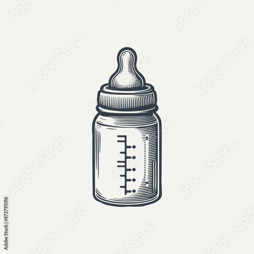 Baby Formula Bottle. Vintage woodcut engraving style vector illustration.