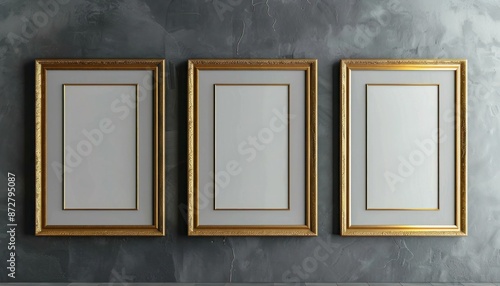 Avant-garde gallery mockup showcasing four gold frames on a charcoal grey wall.