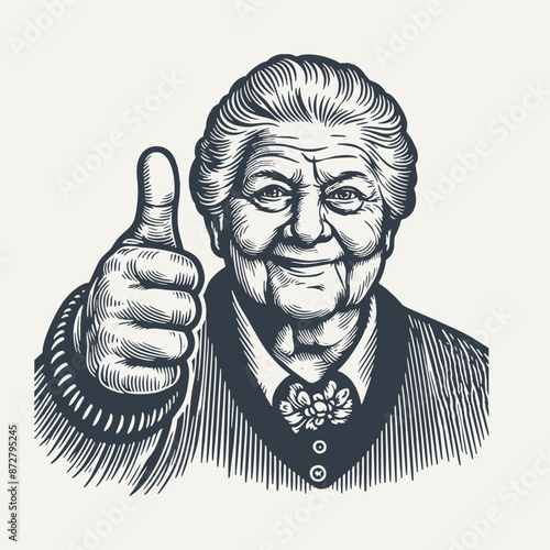 Grandma thumbsup. Vintage woodcut engraving style vector illustration.