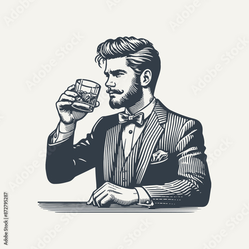 Man drinking Whisky. Vintage woodcut engraving style vector illustration.