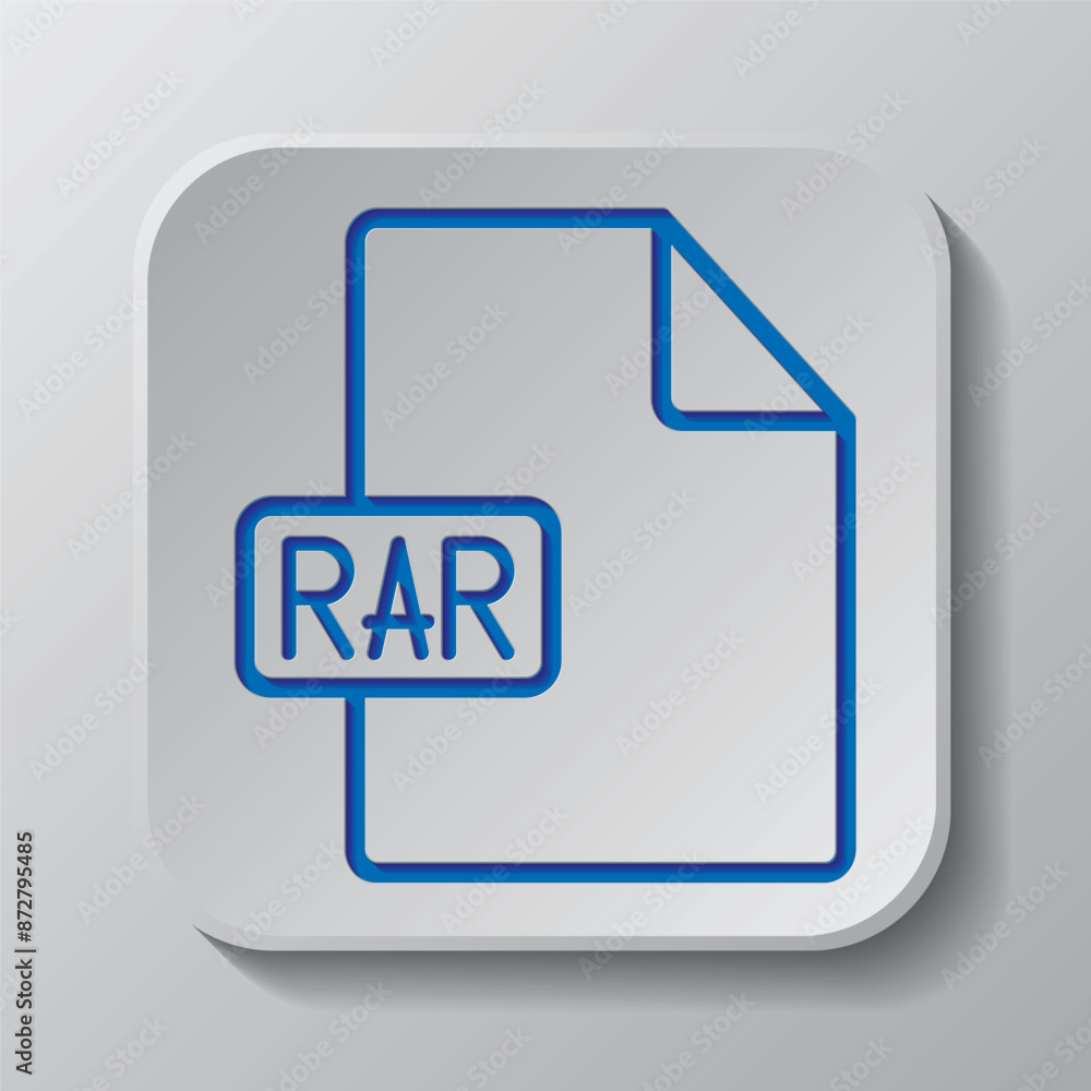 RAR file simple icon vector. Flat design. Paper cut design. Cutted blue symbol with shadow. Gray badge button, gray background RAR file simple icon vector. Flat design. Paper cut design. Cutted blue symbol with shadow. Gray badge button, gray background