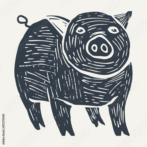 Rough Linocut Pig Illustration. Vintage woodcut engraving style vector illustration.