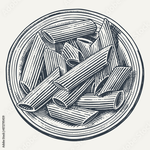 Plate of Pasta Penne. Vintage woodcut engraving style vector illustration.