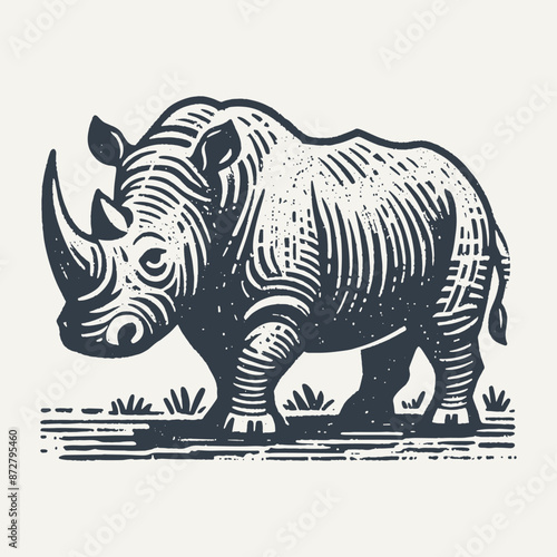 Rhino. Rough wood block print style vector illustration.