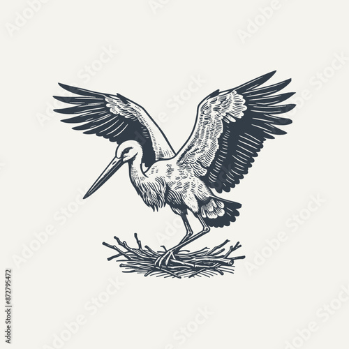 Stork standing in Nest with Wings Spread. Vintage woodcut engraving style vector illustration.