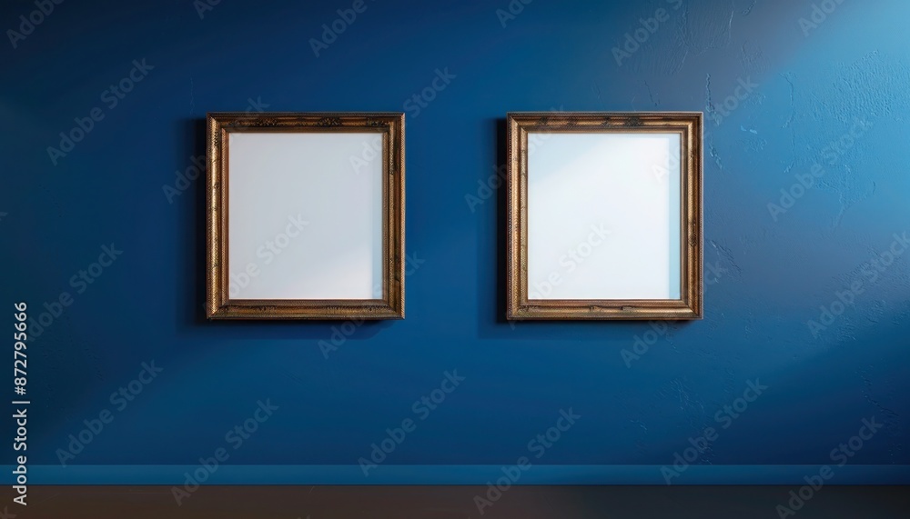 Avant-garde gallery mockup showcasing two bronze frames on a midnight blue wall. Avant-garde gallery mockup showcasing two bronze frames on a midnight blue wall.