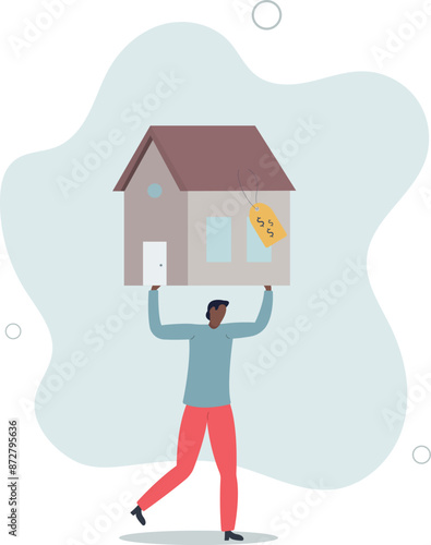 Overpay in real estate and house mortgage, too much invest or expense to pay for debt and loan in economic crisis concept.flat design.illustration with people.