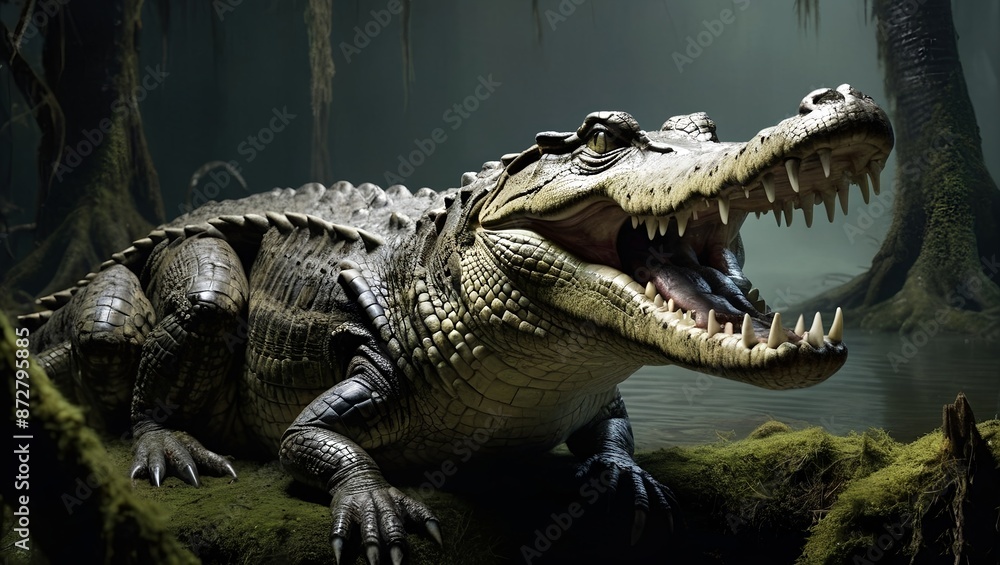 Fototapeta premium crocodile in the river 3d painting of a menacing crocodile coming out of the water in the moonlit eyes gleam with malice and its teeth are bared in an aggressive 