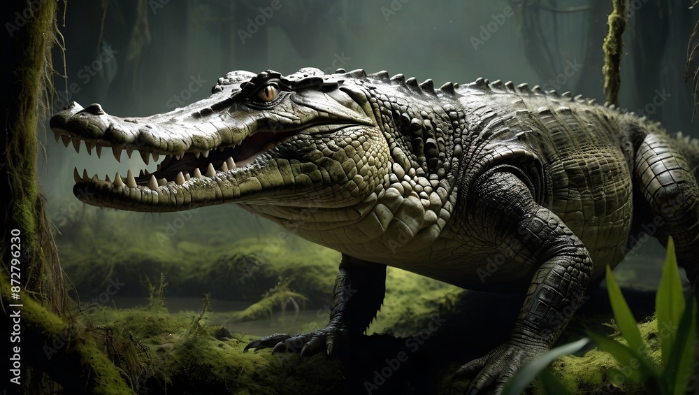 Fototapeta premium crocodile in the water 3d painting of a menacing crocodile coming out of the water in the moonlit eyes gleam with malice and its teeth are bared in an aggressive 