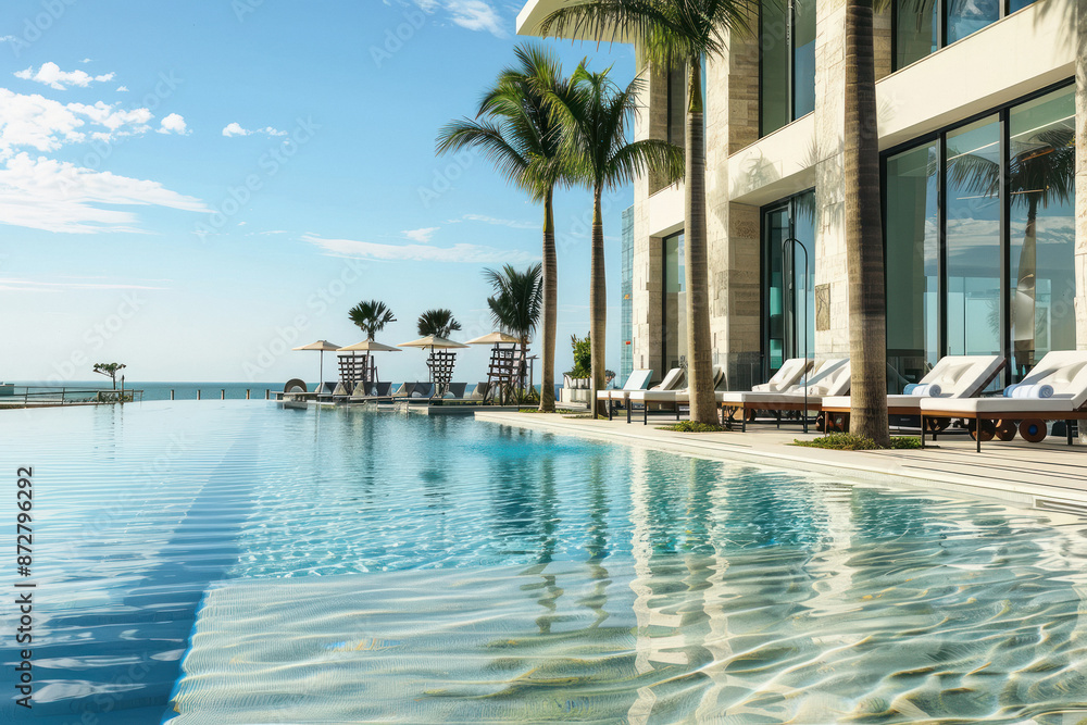 Serene poolside coast of exclusive fitness club for upscale aquatics Serene poolside coast of exclusive fitness club for upscale aquatics