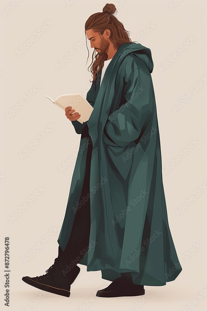 Naklejka premium Man with long hair and beard, in raincoat, reads book against white backdrop