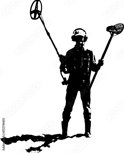 Finder with metal detector and scoop.The treasure hunter raised his equipment above his head. A dark silhouette against a white background.