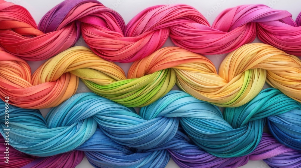 A row of colorful yarns are arranged in a rainbow pattern A row of colorful yarns are arranged in a rainbow pattern