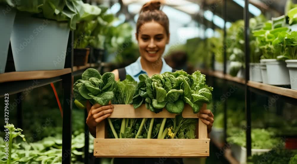 A smiling woman holding a wooden box filled with freshly harvested leafy greens in a lush greenhouse with another person working in the background. A smiling woman holding a wooden box filled with freshly harvested leafy greens in a lush greenhouse with another person working in the background.