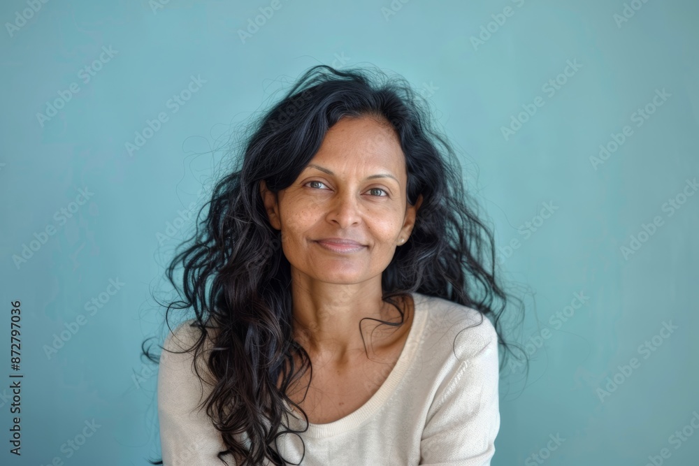 Portrait of a blissful indian woman in her 40s sporting a long-sleeved thermal undershirt isolated in pastel blue background Portrait of a blissful indian woman in her 40s sporting a long-sleeved thermal undershirt isolated in pastel blue background