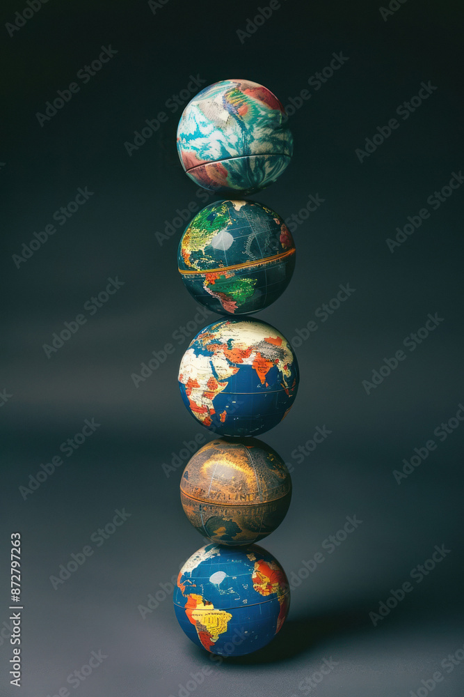 Several globes stacked on top of one another, international concept Several globes stacked on top of one another, international concept