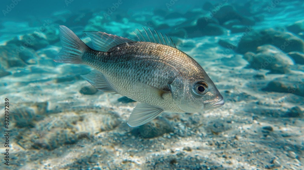 Study of fish within the field of zoology Single fish in Aegean Sea over a sandy seabed Selectively focused underwater image in Bodrum Mugla Turkey Europe Study of fish within the field of zoology Single fish in Aegean Sea over a sandy seabed Selectively focused underwater image in Bodrum Mugla Turkey Europe