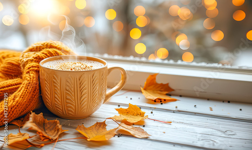 cozy up at home with the warm hues of autumn leaves and a steaming cup of coffee on wooden windowsill, beautiful bokeh background with copy space