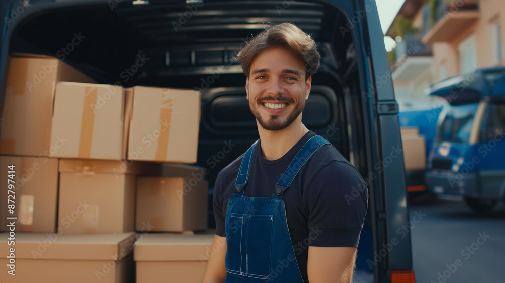 A delivery man in overalls stands by his van, arms crossed, smiling at the camera. The van is full of boxes. A delivery man in overalls stands by his van, arms crossed, smiling at the camera. The van is full of boxes.
