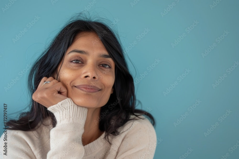 Portrait of a blissful indian woman in her 40s sporting a long-sleeved thermal undershirt isolated in pastel blue background Portrait of a blissful indian woman in her 40s sporting a long-sleeved thermal undershirt isolated in pastel blue background