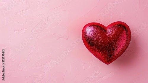 Valentine card with red heart from above on pink background with space for text