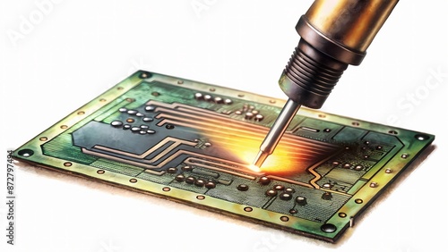Macro view of soldering iron precision-welding tiny components onto a complex electronic circuit board with flux and wiring in high contrast lighting. photo
