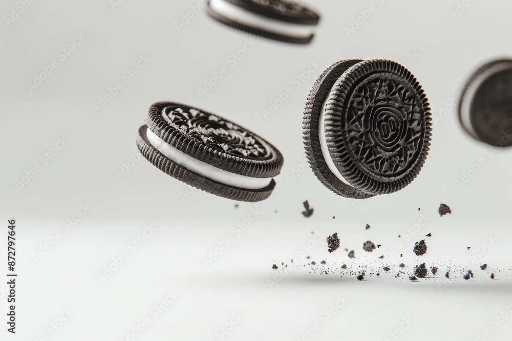 chocolate cream cookies flying; floating around; white background.