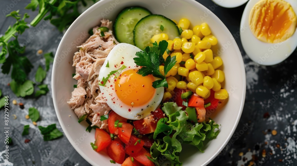 Top view of white bowl with tuna salad egg veggies and corn Top view of white bowl with tuna salad egg veggies and corn