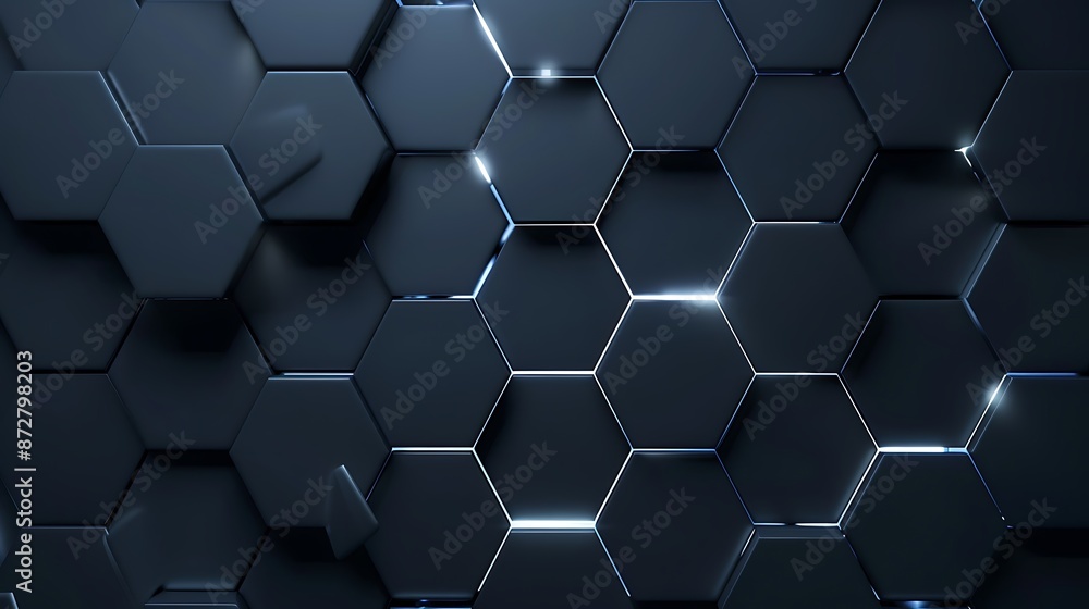A dark navy hexagonal backdrop with a glowing white center, showcasing a minimalist design with a smooth 3D rendering A dark navy hexagonal backdrop with a glowing white center, showcasing a minimalist design with a smooth 3D rendering